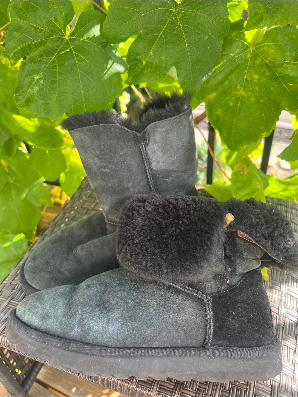 UGG Black Kelly Suede Shearling Boots with Tan Toggle - Picture 5 of 17